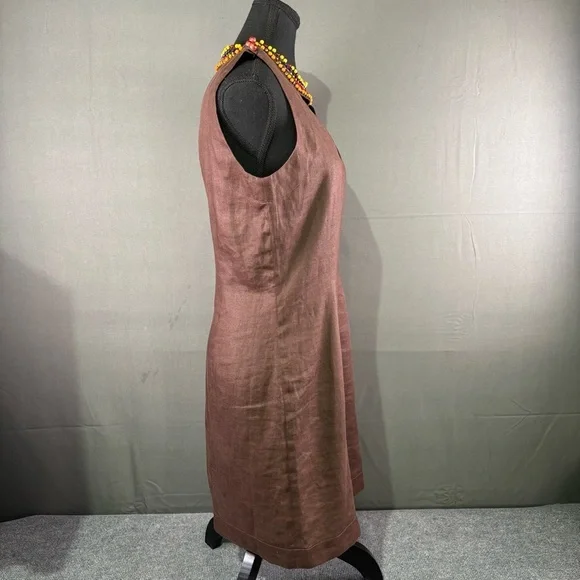 VTG Max Mara Sportmax Linen Dress Women M Beaded Neck Italy Resort Luxury Brown - Picture 5 of 14